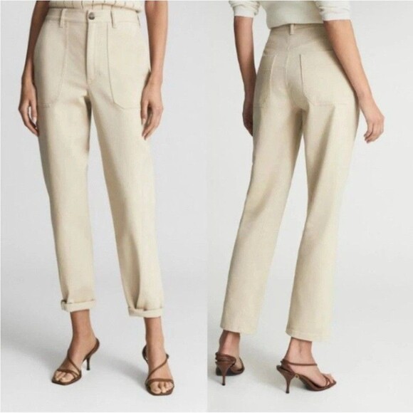 Reiss Erin Cotton Tapered Trousers Women's 6 Stone Light Academia Basic Classic - Picture 1 of 16